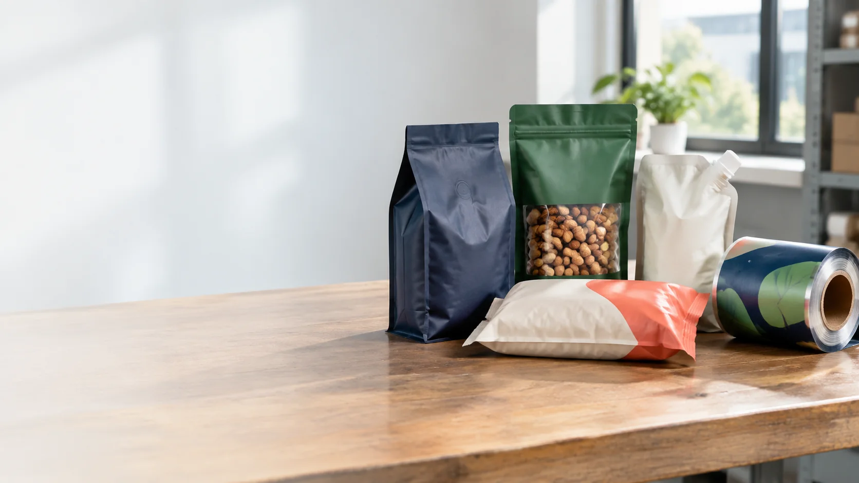Stand-up pouches, a spout pouch, pillow bags and printed roll film on a packaging worktable
