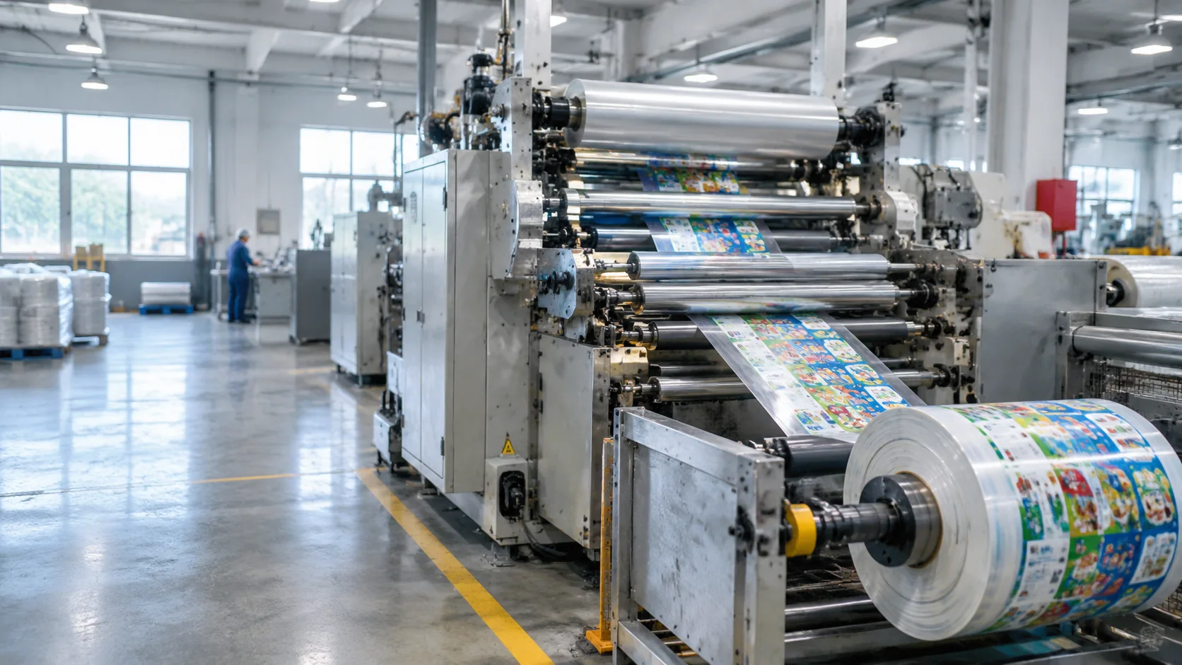 Printed flexible film moving through production equipment