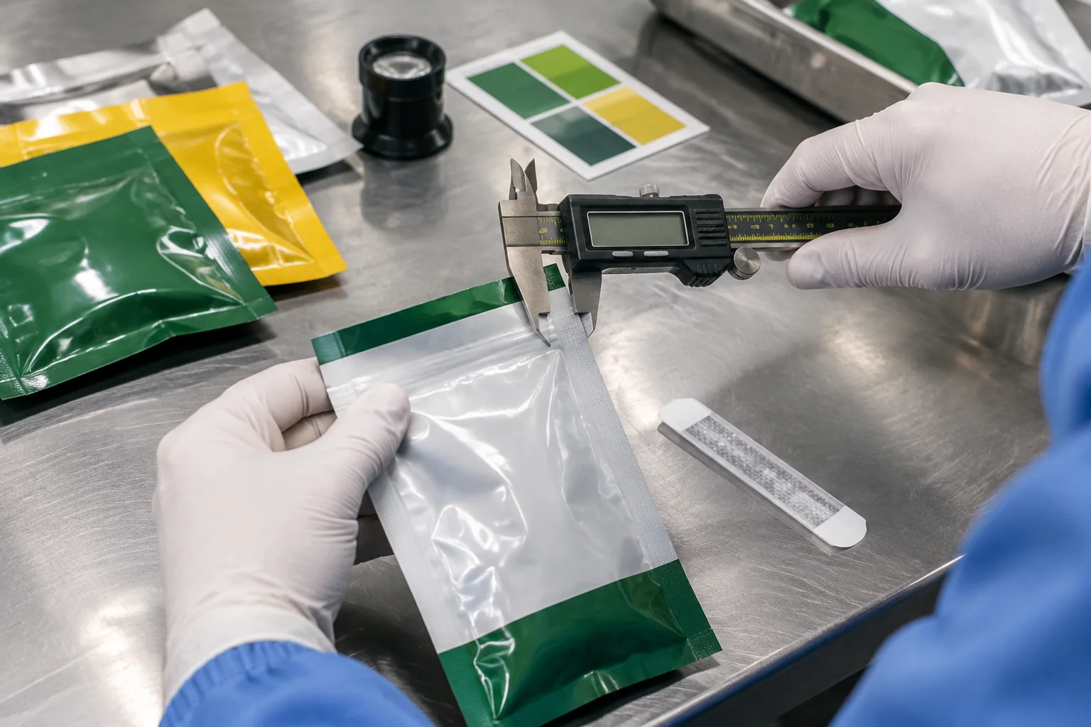 Flexible pouch inspection with calipers in a quality workspace