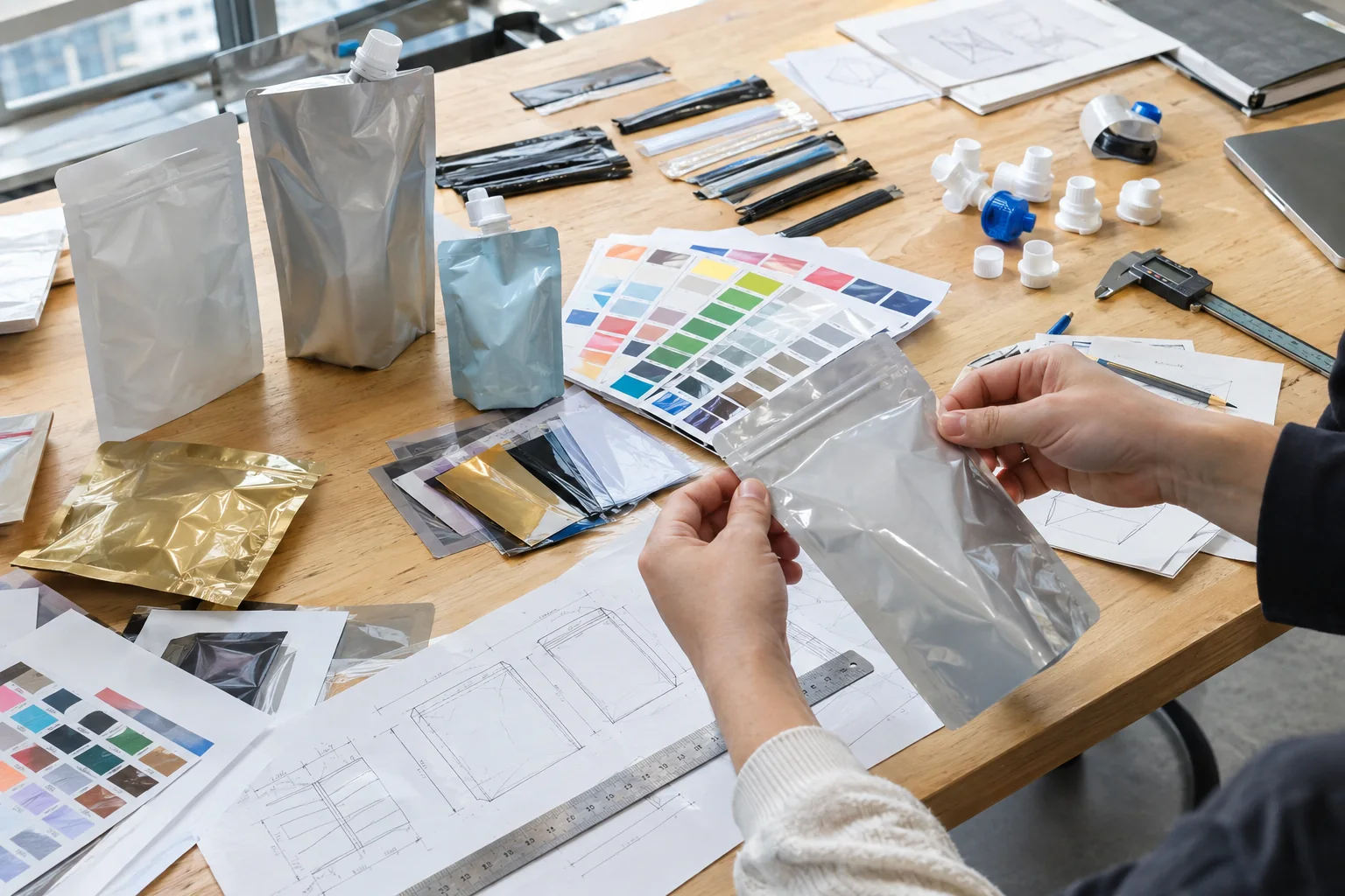 Pouch samples and material swatches on a product design table